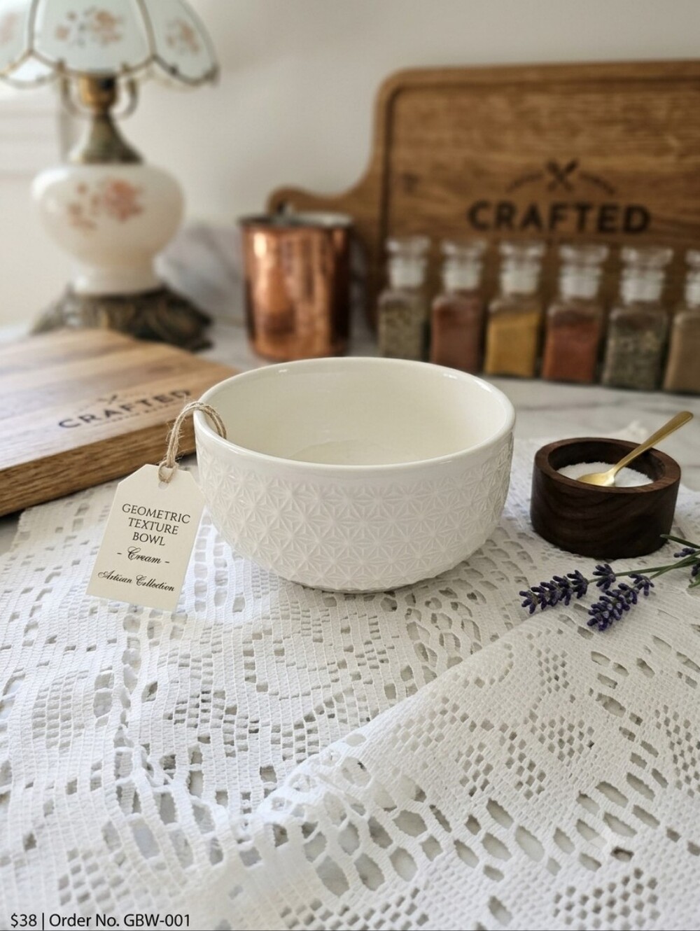 White Ceramic Geometric Textured Bowl | Farmhouse & Cottagecore